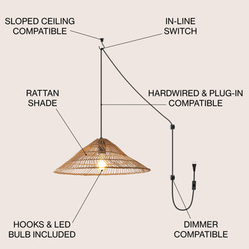 Nova 20.25" Farmhouse Coastal Rattan 180" Cord Plug-In or Hardwired LED Pendant